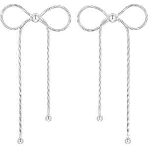 Silver Bow Earrings – White Gold Plated, Dangle Tassel Design